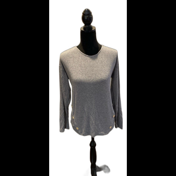 Blu Pepper T Shirt Blouse Size Medium Gray Pullover Patch Elbows Button Sides - Picture 1 of 12